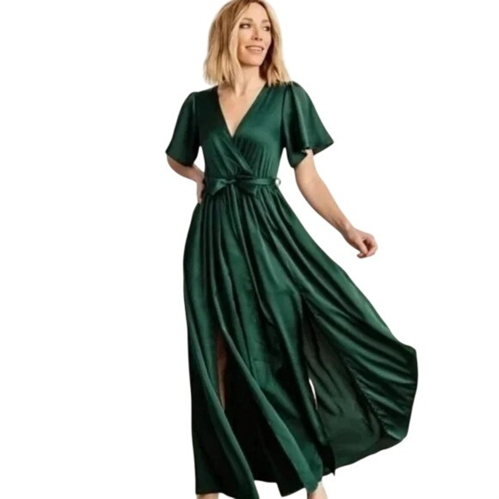 Baltic Born Maxi Dress Womens XXXL Green Satin Wrap V-Neck Flutter Sleeve Gown‎